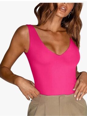 REORIA Butsmooth® Women’s Deep V Vibrant Pink Bodysuit Women’s Size Large
